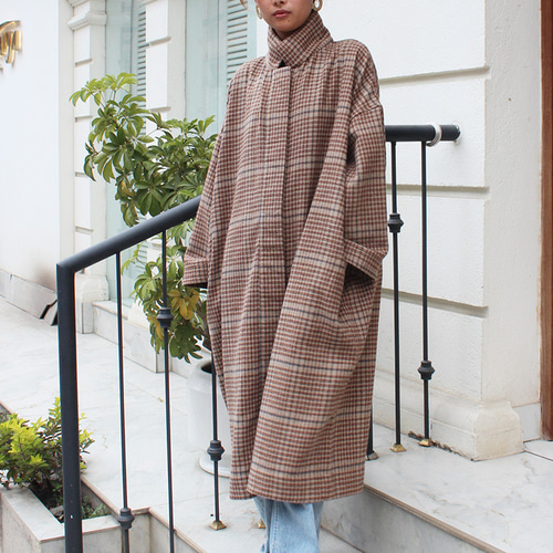 ほっこり冬素材◉ ウールオーバーコート タータンチェック ブラウン