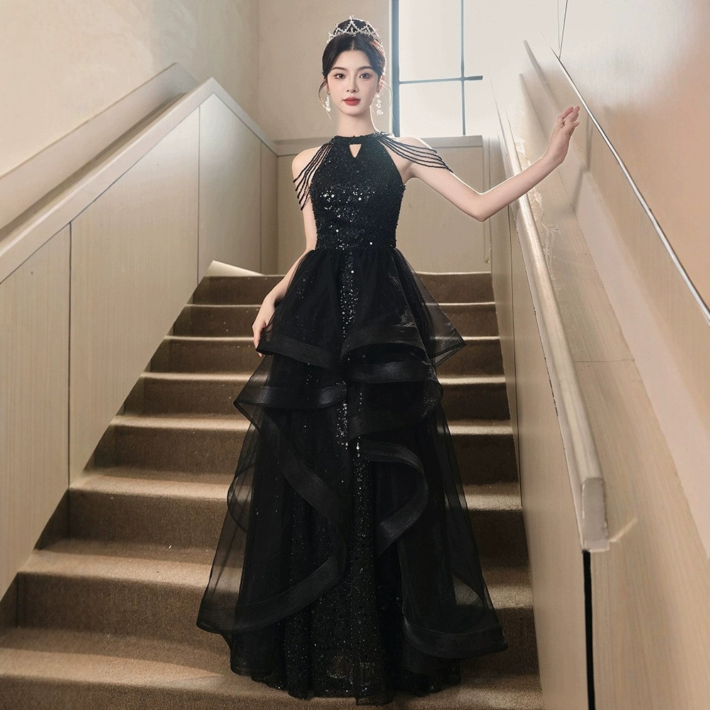 黒 きらきら ノースリーブ ロング カラードレス 高級感 韓国風 ウェディング パーティー 演奏会 二次会 HL039