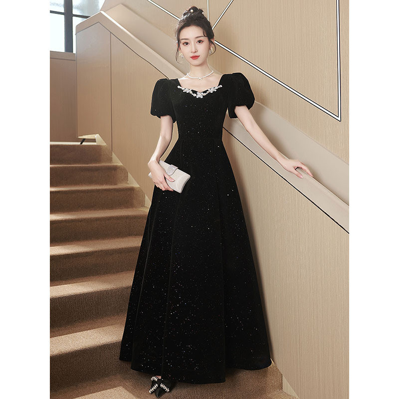 黒 半袖 ロング カラードレス シンプル 高級感 韓国風 ウェディング パーティー 演奏会 二次会 HL043