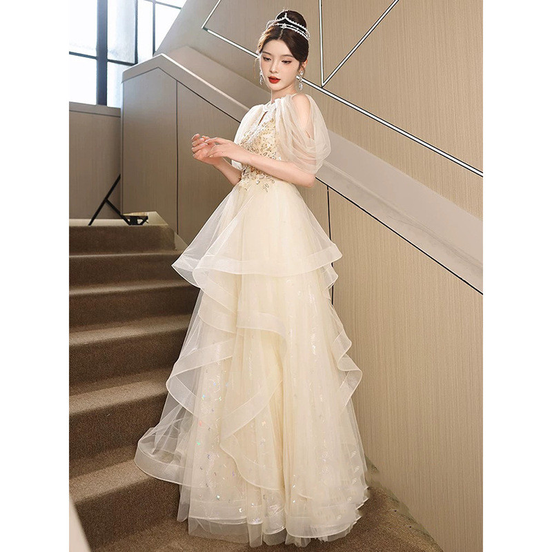 カーキ シャンパン色 ロング カラードレス 高級感 韓国風 花嫁 ウェディング パーティー 演奏会 二次会 HL044