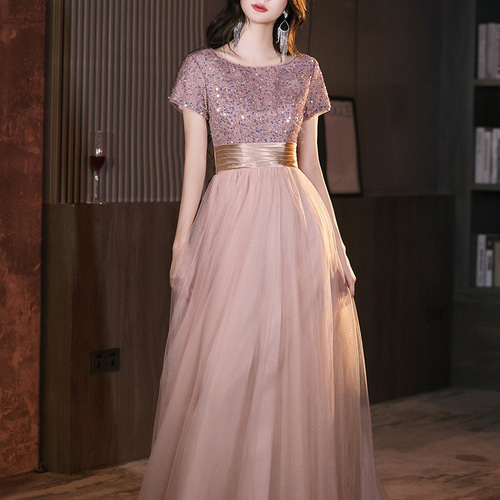 スパンコール 半袖 グレー 白 ピンク パーティードレス 韓国風