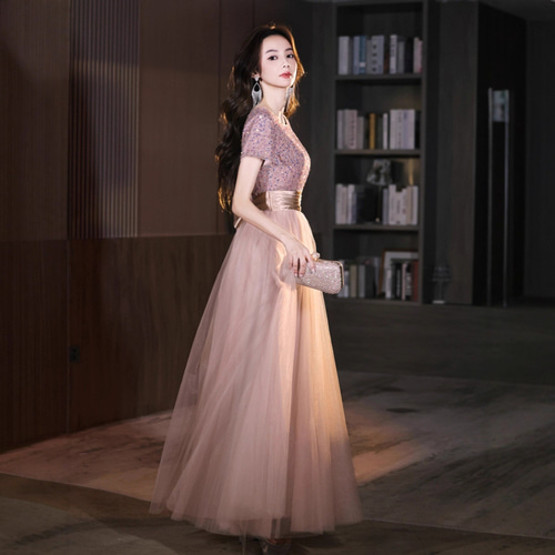 スパンコール 半袖 グレー 白 ピンク パーティードレス 韓国風