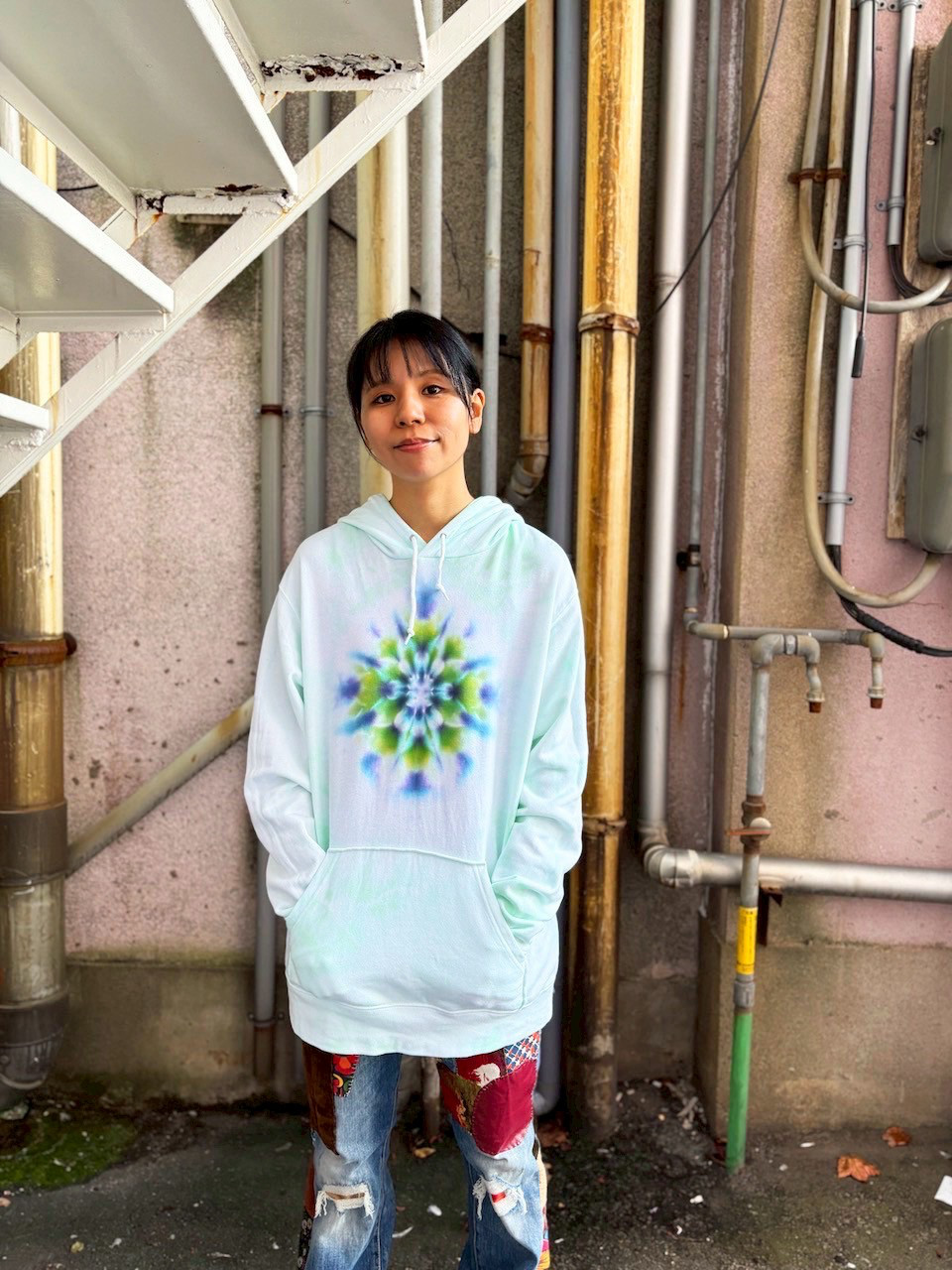 タイダイ フーディ プルオーバー パーカー 曼荼羅 XLサイズ ミントグリーン×ホワイト ムラ染め HD24-97