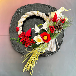 新年のお正月しめ縄飾り＊紅白祝いダリアとダブル椿のお飾り しめ縄
