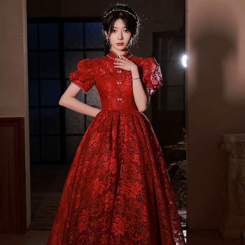 赤 白 パフスリーブ ロング カラードレス 綺麗 韓国風 ​花嫁 ウェディング パーティー 演奏会 二次会 HL050