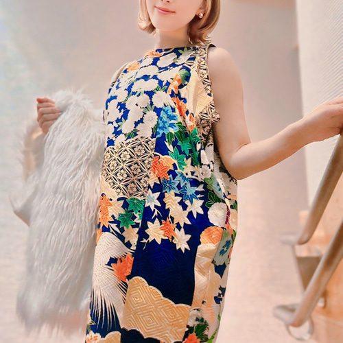 着物ドレス Mサイズ 正絹 ワンピース 和柄 リメイク YUKINKO