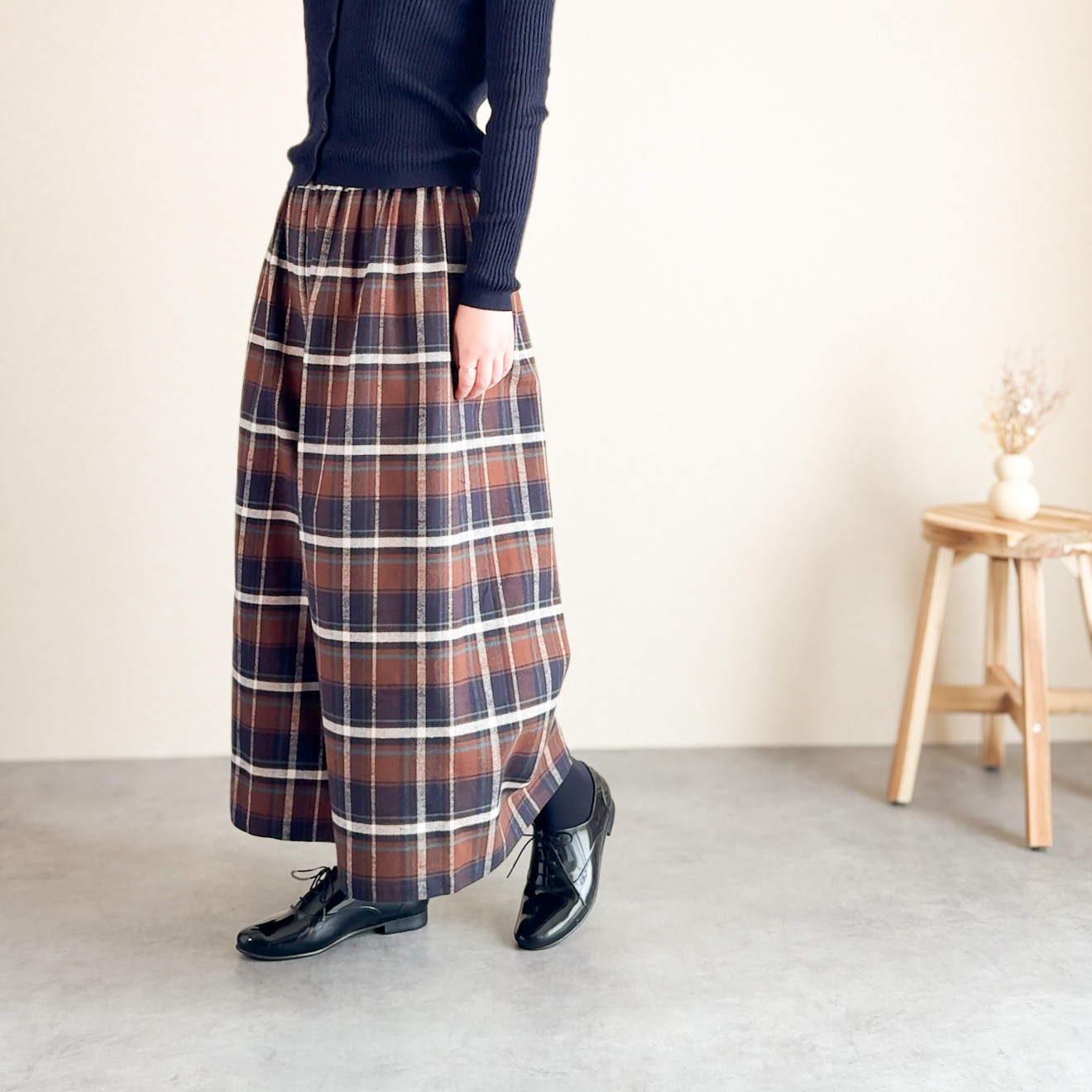 冬の頼れる暖かパンツ　ブラウン系　チェック柄　着るブランケットパンツ　西脇産起毛コットン　スカート見えギャザーパンツ