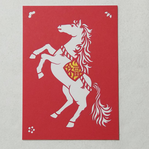 2026年 干支飾り 午 白馬 招福 切り絵（赤） 切り絵 青森ヒバ木工