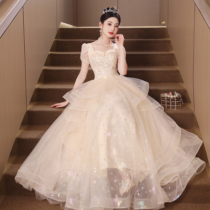 薄シャンパン色 半袖 ロング きらきら カラードレス 韓国風 ​ウェディング パーティー 演奏会 二次会 HL053