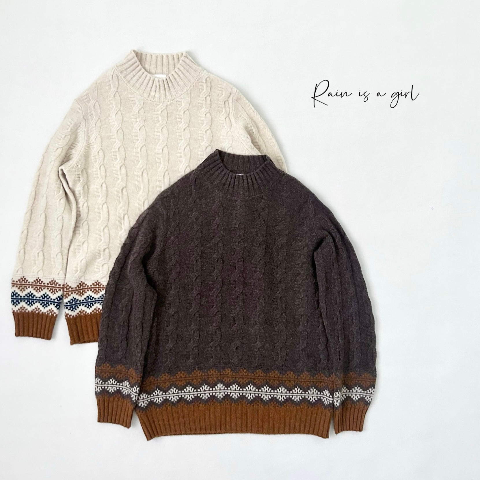 【カシミヤ100%★ケーブル編み】ノルディック調│モックネック│ゆったりとしたシルエット│T-229