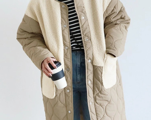 ノーカラー中綿ボアコート】コートジャケット 切り替え ビッグ