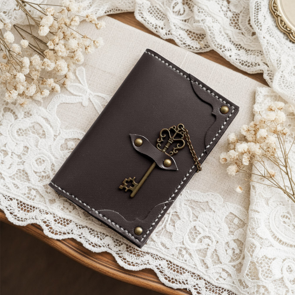 鍵チャーム留め本革パスケース＆カードケース＜黒＞