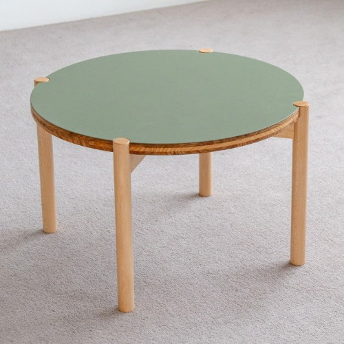 2way⭐︎リバーシブルの丸型ローテーブル/リノリウム×無垢／組み立て簡単コンパクト収納