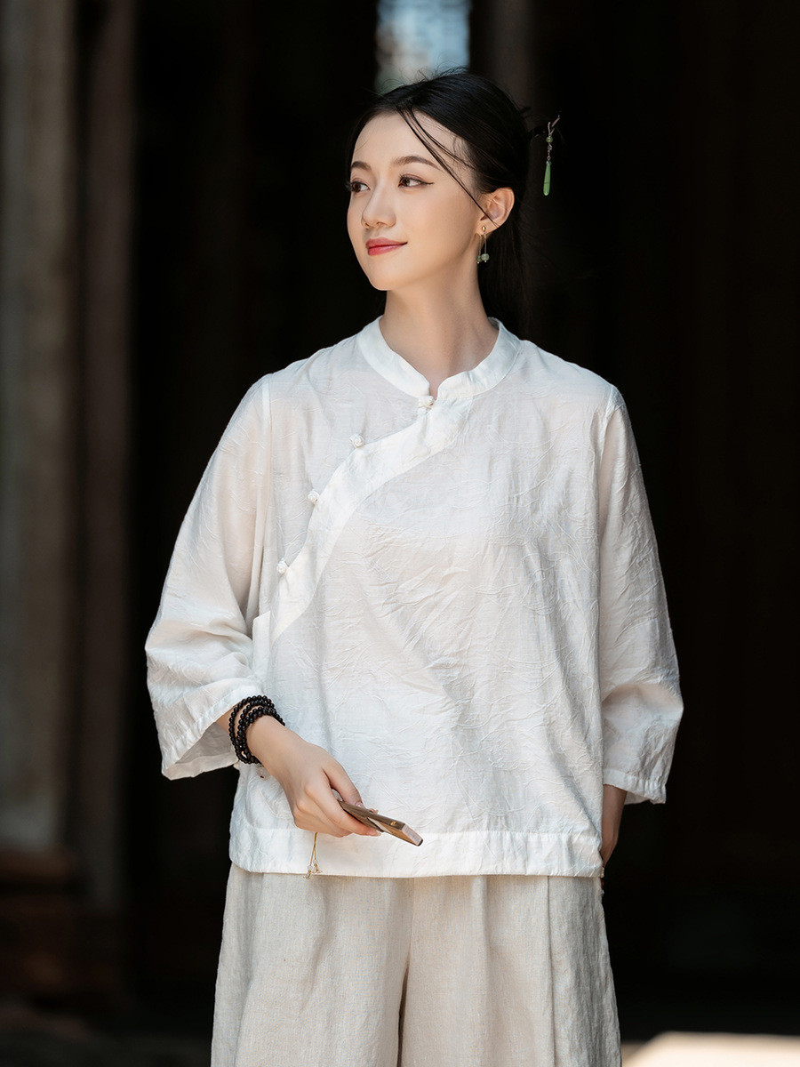 花影ジャカード 七分袖 斜め襟 盤扣 レトロシャツ 8396