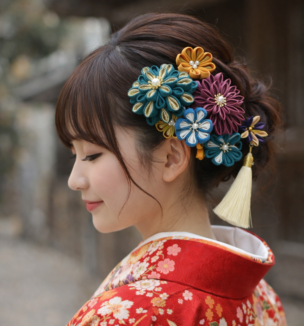 ❣️つまみ細工髪飾り　群青×京藤6点セット