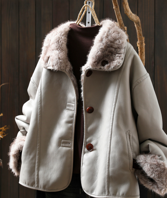 受作｜リバーシブル レザー&ファー ジャケット レディース 2WAYショート 防寒 大人カジュアル  冬 アウター 5枚目の画像