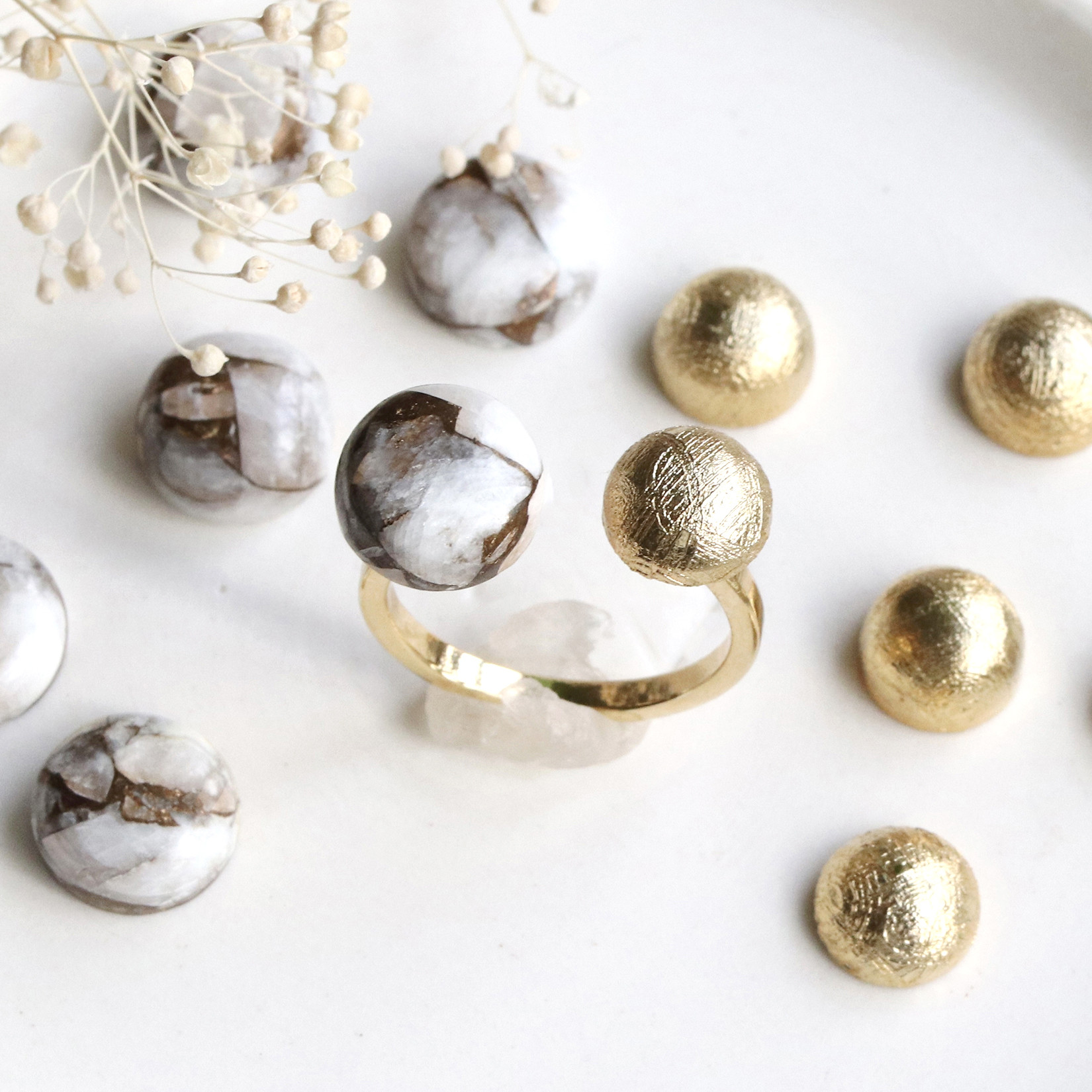 希少隕石×コッパーカルサイト フォークリング｜フリーサイズ ゴールド/シルバー —Two stones—