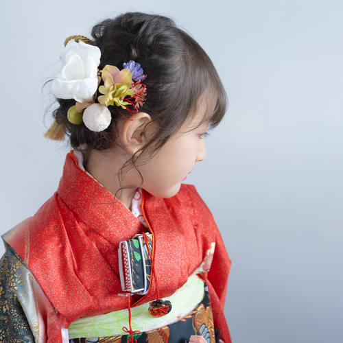 七五三7歳髪飾り/水引き赤/組紐ゴールドS】人気の髪型編み込みひつじ