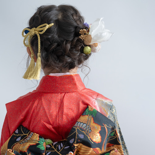 七五三7歳髪飾り/水引き赤/組紐ゴールドS】人気の髪型編み込みひつじ