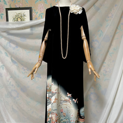 A228着物リメイク濃紺系正絹小紋Aラインワンピース★リボン・ブローチ A228着物リメイク濃紺系正絹小紋Aラインワンピース☆リボン・ブローチ