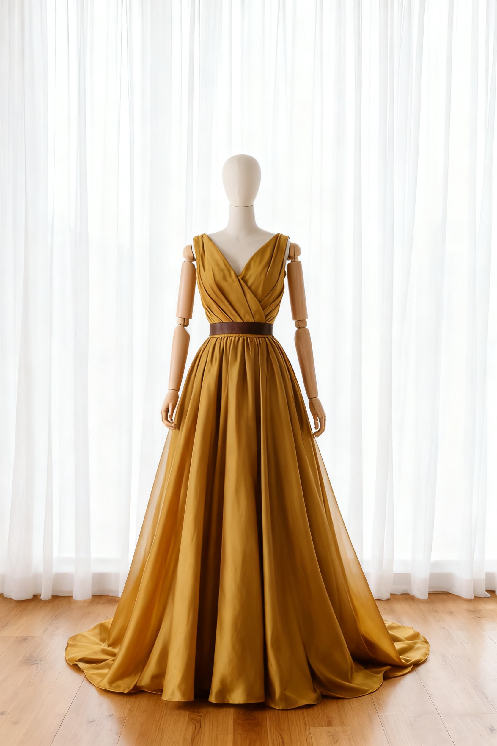 送料無料！パーティードレス Vネック ノースリーブ　ゴールド サッシュベルト 花嫁 前撮り 音楽会  スリット