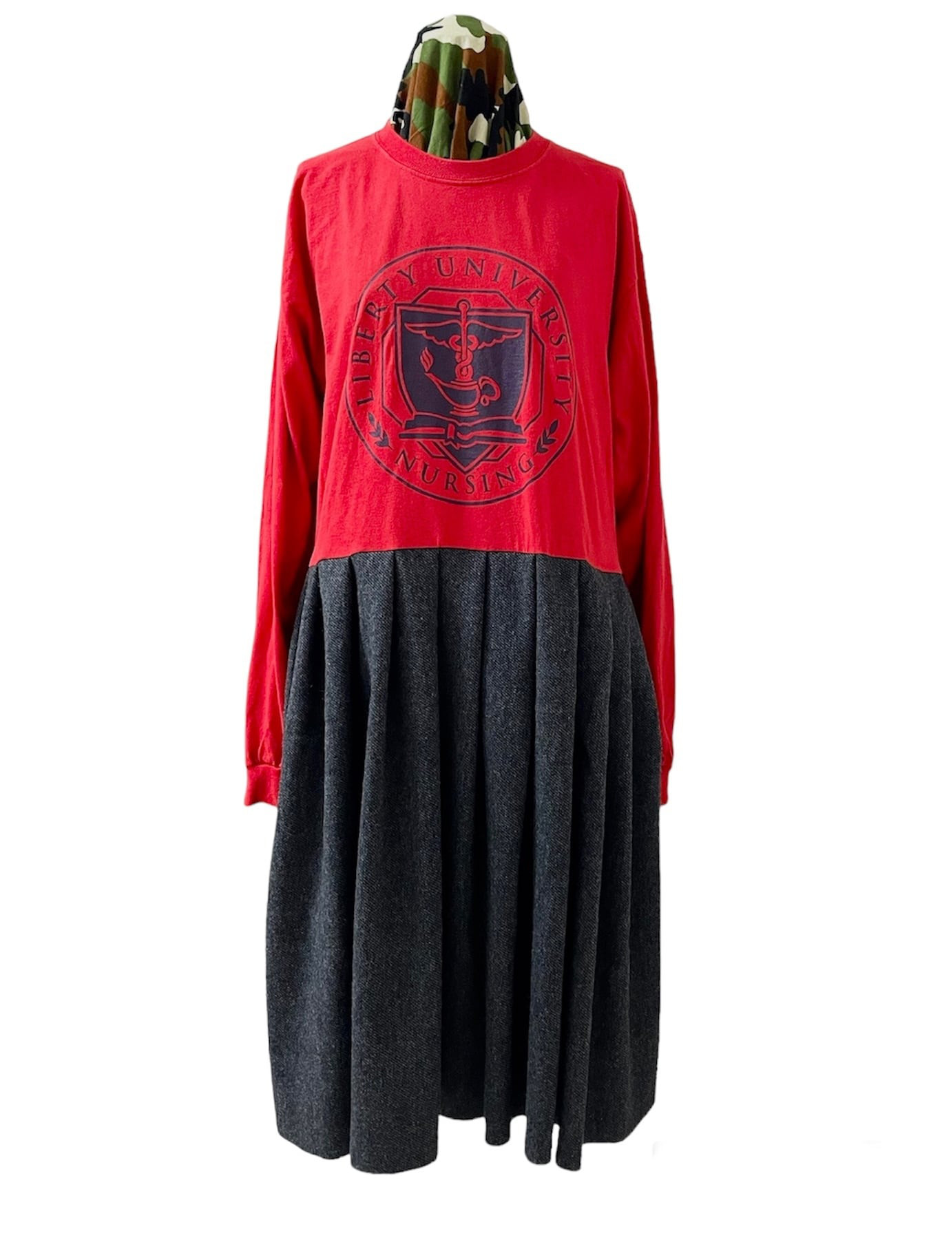 USA輸入USEDカレッジプリントロンT&ウール生地フレアスカートリメイクワンピース