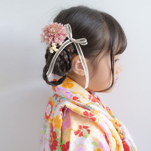 七五三3歳リボン髪飾りQ】白/黄色/ベージュ/小学校卒業式袴/人気の髪型