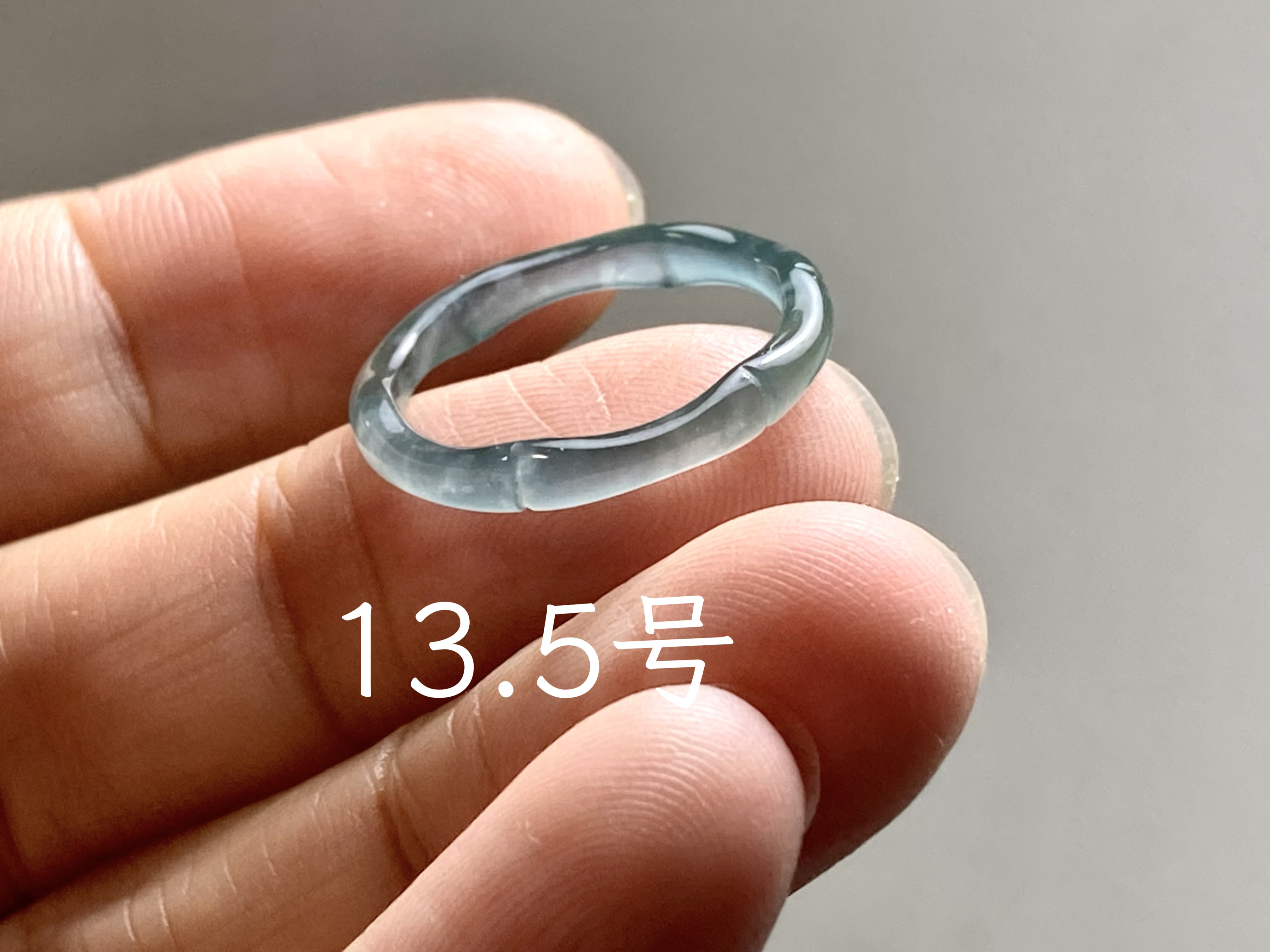 L14-192 高氷種 竹節 リング 青緑 13.5号 グアテマラ産 A貨 本翡翠 くりぬき 黒翡翠