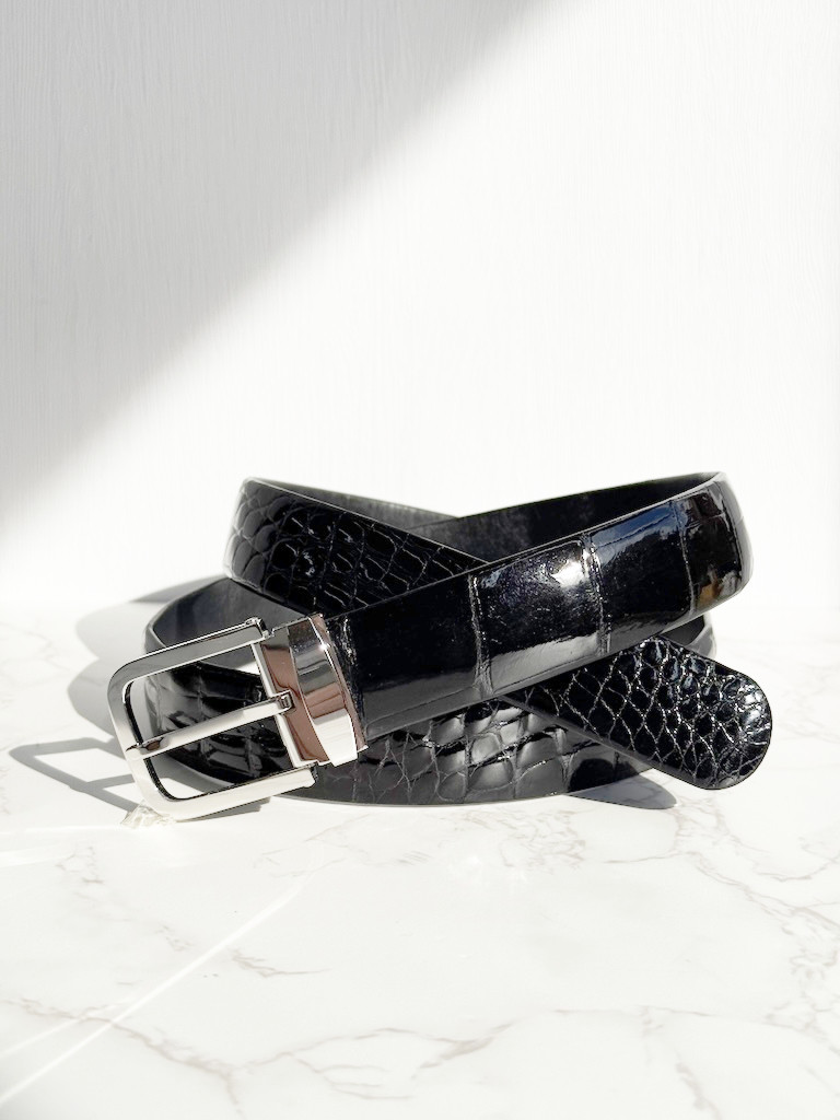 日本製　クロコダイル　上質　ボンベ加工　30㎜巾　ロジウムメッキ　ベルト　フリーサイズ　エキゾチックレザー