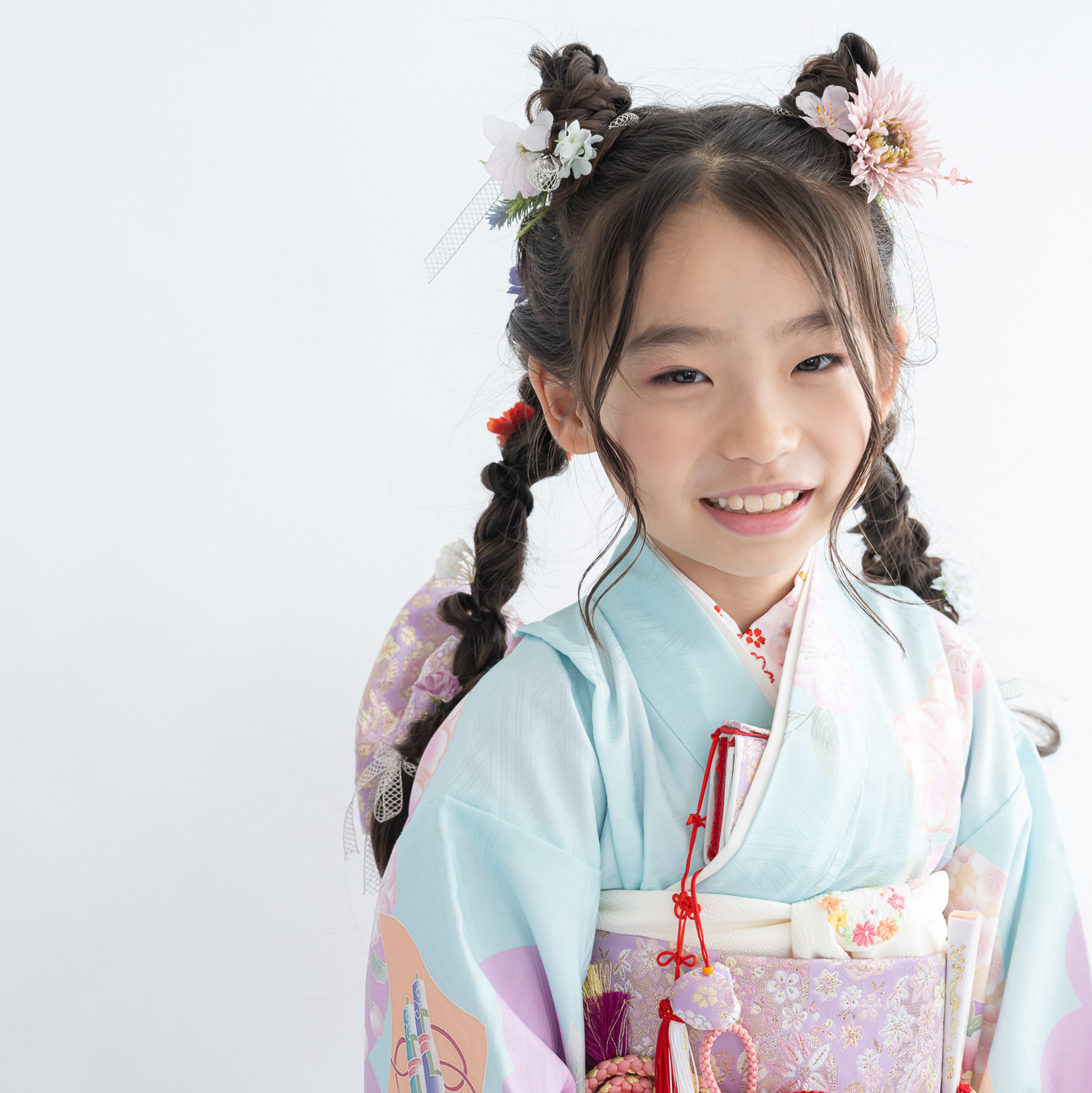 【七五三7歳/小学校卒業式リボン髪飾りO】水色/紫/ピンク/ツイン編み下ろしヘアアレンジ/ハーフ成人式/卒園式ジュニア袴