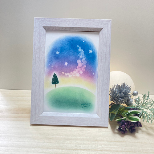 送料無料 卓上 パステル アート 三日月 木 夜 パステル画 手描き 原画