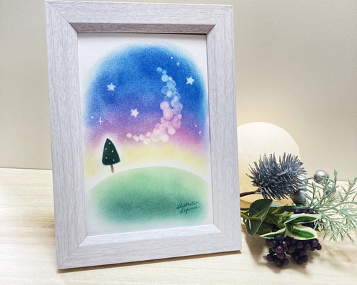 遥かなる銀河3 ハンドメイドパステル画　絵画アート原画 送料無料 卓上 パステル アート 三日月 木 夜 パステル画 手描き 原画