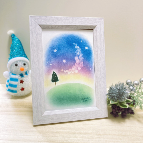 送料無料 卓上 パステル アート 三日月 木 夜 パステル画 手描き 原画