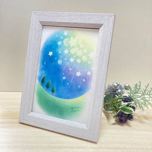 【展示用】原画 パステルアート 夜 星 絵画 風景画 インテリア ハンドメイド 送料無料 卓上 パステル アート キラキラ 星 夜 木 パステル画 手描き