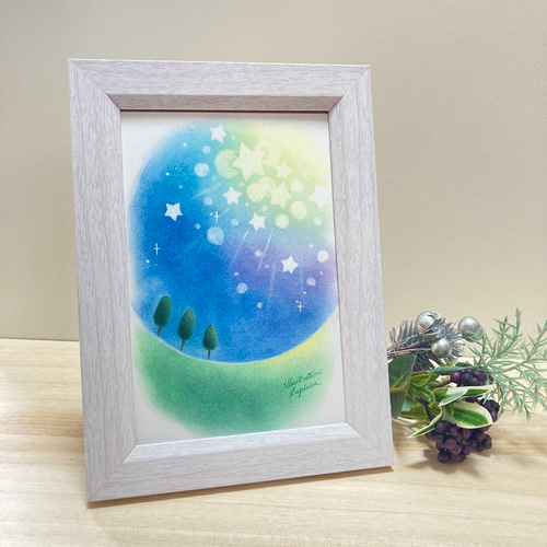 送料無料 卓上 パステル アート キラキラ 星 夜 木 パステル画 手描き