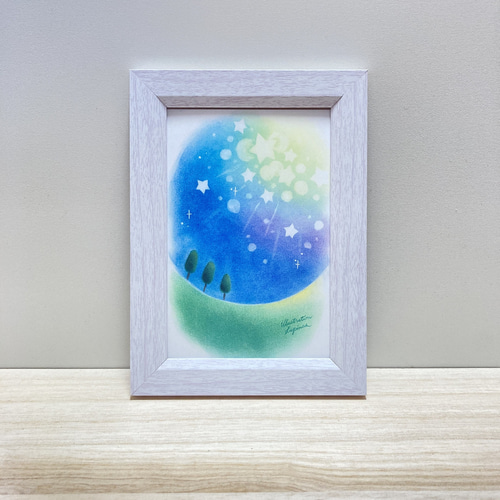 送料無料 卓上 パステル アート キラキラ 星 夜 木 パステル画 手描き