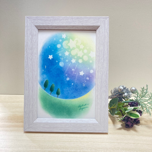 送料無料 卓上 パステル アート キラキラ 星 夜 木 パステル画 手描き