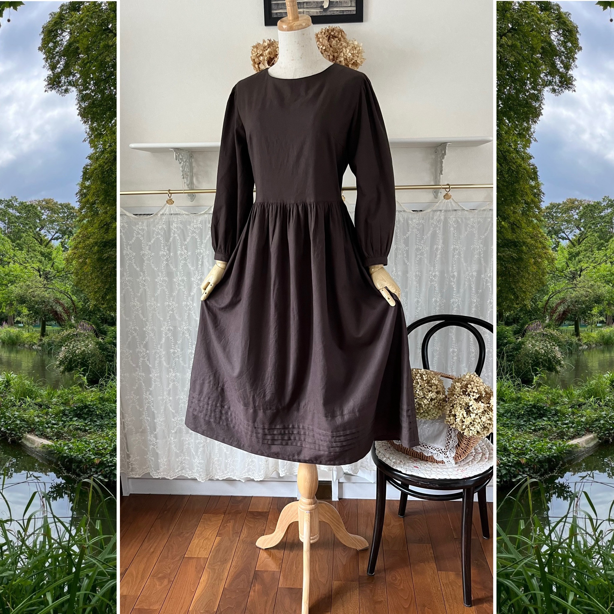 秋冬コットンのゆったりワンピース『起毛コットン・焦茶・ダークブラウン・ウエストリボン・ギャザー袖・ロング・VL011』