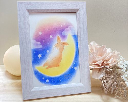 送料無料 卓上 パステル アート 月 うさぎ 夜 英文字 おやすみ