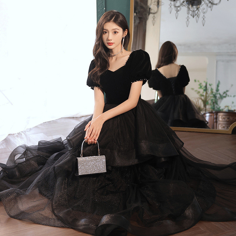 黒 半袖 ロング カラードレス エレガント 綺麗 ​ウェディング パーティー 演奏会 二次会 HL073