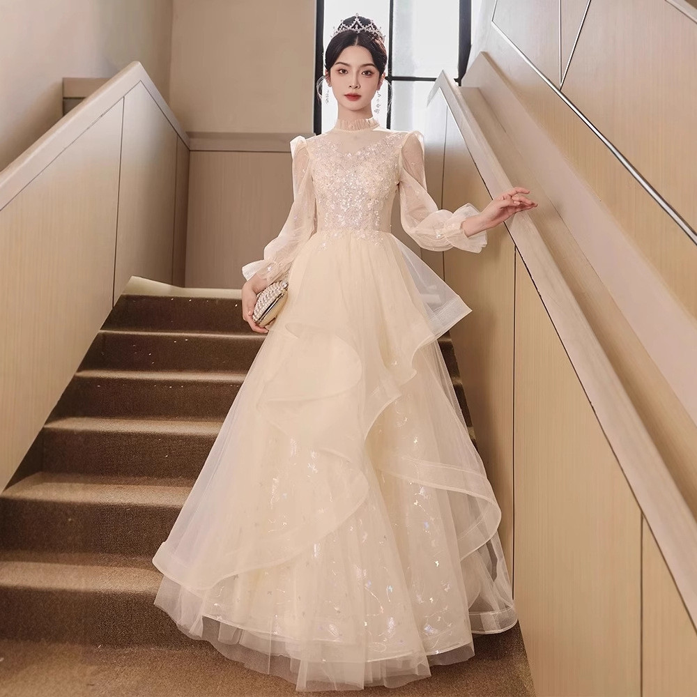 シャンパン色 長袖 ロング カラードレス プリンセス 韓国風 ​ウェディング パーティー 演奏会 二次会 HL074