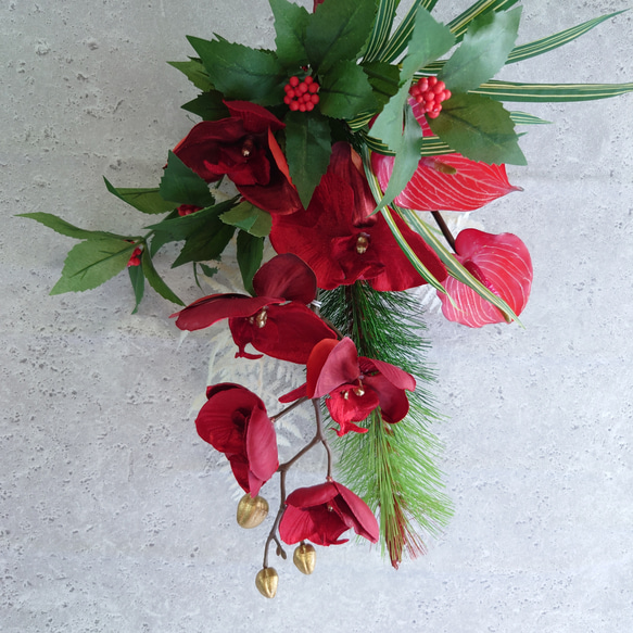 new!!❀福壽束2026深紅緑2way【花束・スワッグ】松竹・胡蝶蘭　早割・数量限定 3枚目の画像