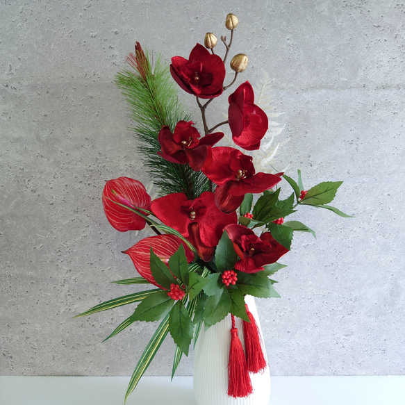 new!!❀福壽束2026深紅緑2way【花束・スワッグ】松竹・胡蝶蘭　早割・数量限定 7枚目の画像
