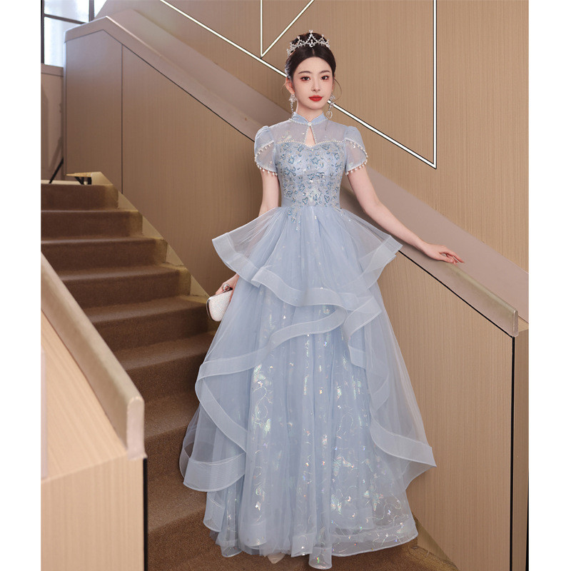 薄青 半袖 ロング カラードレス プリンセス 綺麗 韓国風 ​ウェディング パーティー 演奏会 二次会 HL075