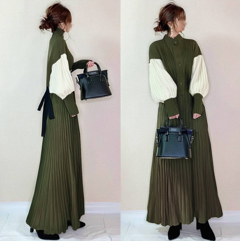 秋冬レディースウエストベルト付きバルーンスリーブプリーツ加工ワンピース【返品・交換可】品質最優先25-489