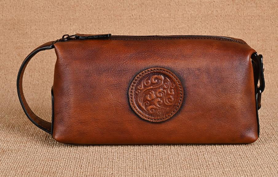手作りのハンドバッグ 本革ポーチ 柔らかな牛革旅行収納バッグ 男性用洗面バッグ