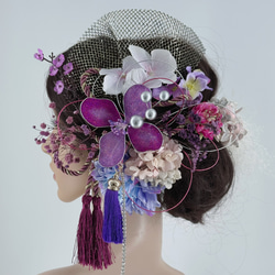 【豪華】ディップアート　簪　キラキラ　髪飾り　成人式　卒業式  紫　ブルー　黒　ゴールド　白　水引　タッセル　チュール 1枚目の画像