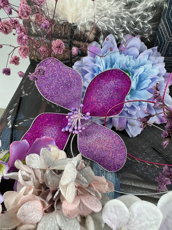 【豪華】ディップアート　簪　キラキラ　髪飾り　成人式　卒業式  紫　ブルー　黒　ゴールド　白　水引　タッセル　チュール 5枚目の画像