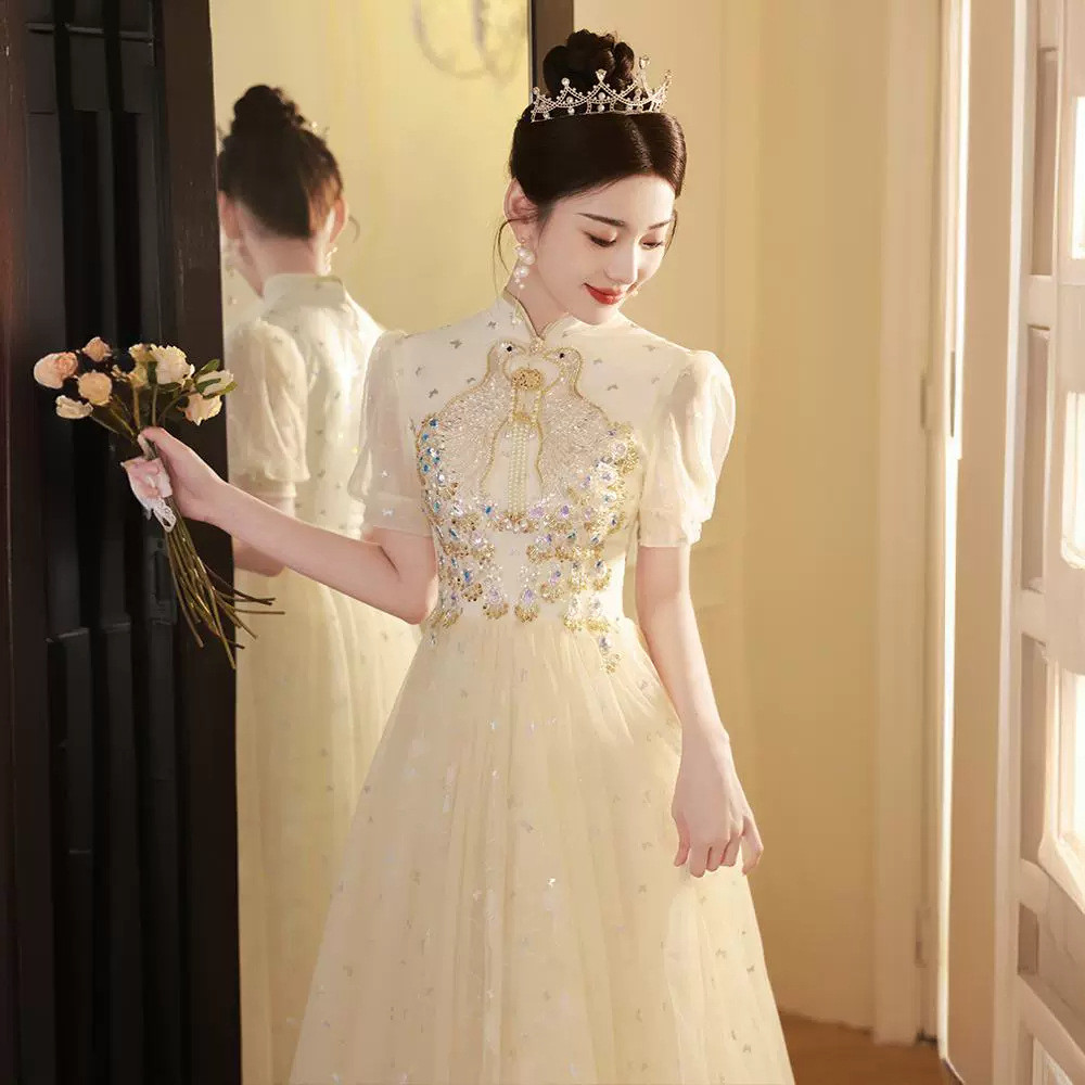 シャンパン色 半袖 ロング カラードレス シンプル 韓国風 ​ウェディング パーティー 演奏会 二次会 HL080