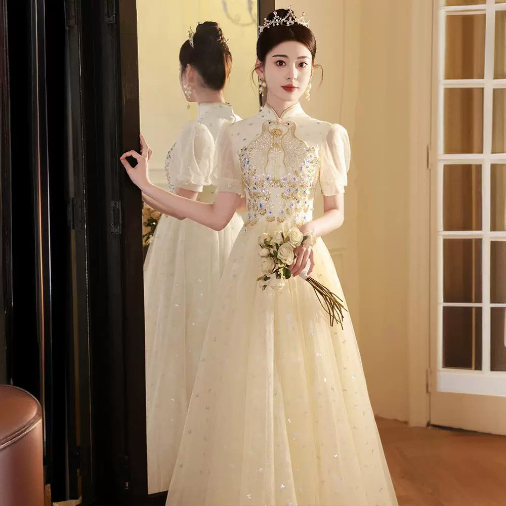 シャンパン色 半袖 ロング カラードレス シンプル 韓国風 ​ウェディング パーティー 演奏会 二次会 HL080